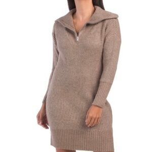 Cupcakes & Cashmere Women's Tan Ribbed Notch Zip Collar Sweater Dress Medium